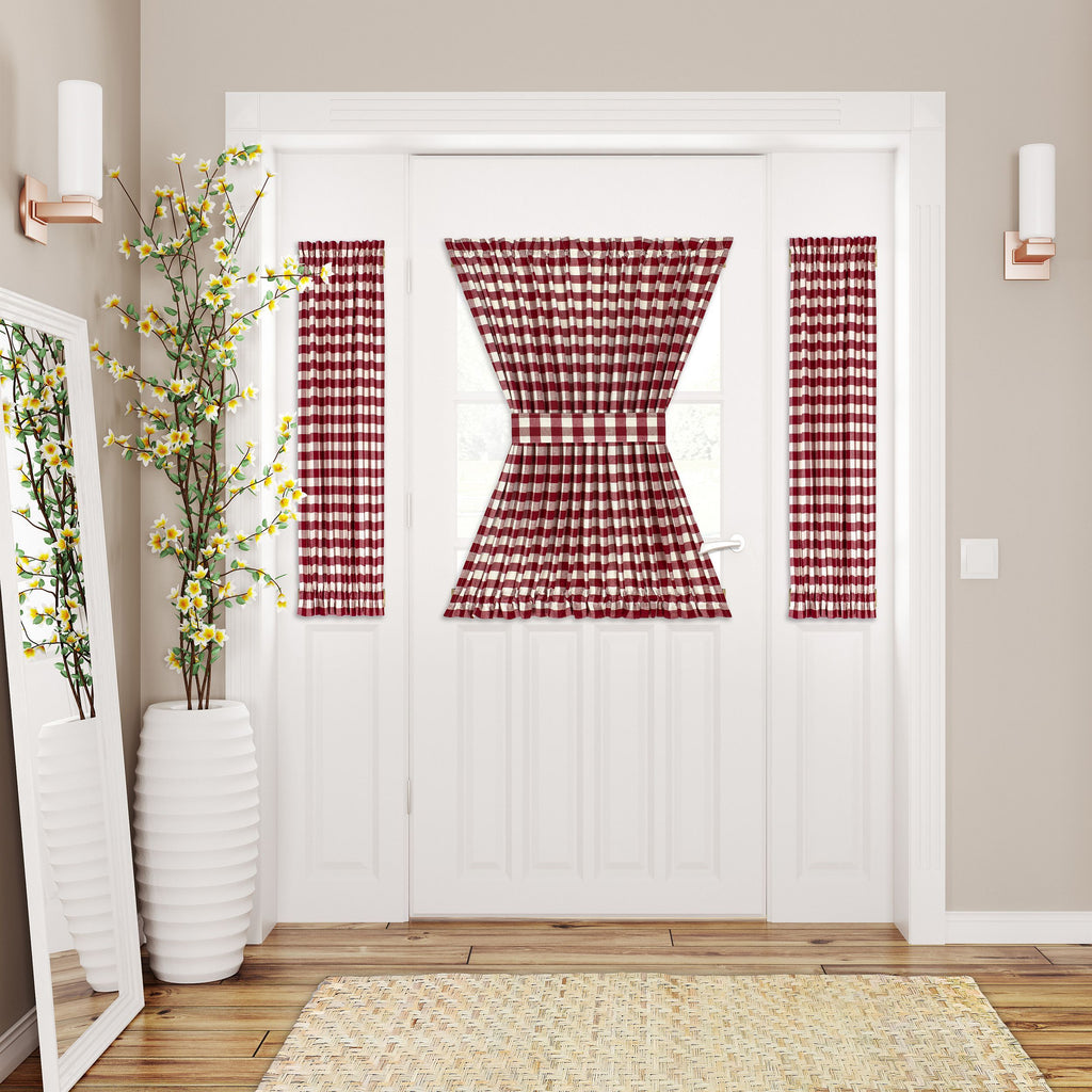 Buffalo Check Rod Pocket Door Panel and Tieback - 54x40 - Burgundy