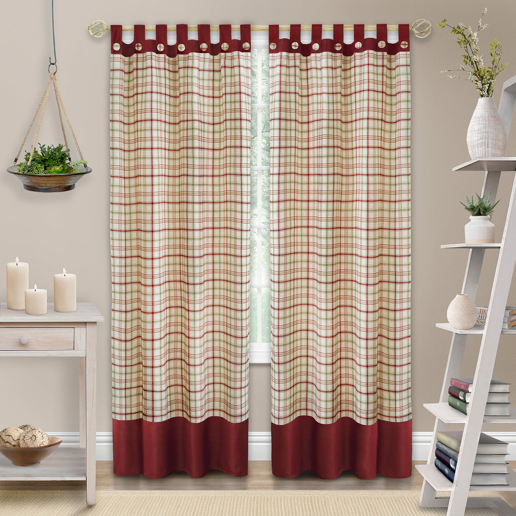 Tattersall Button Tab Top Window Curtain Panel - 52x84 - Burgundy