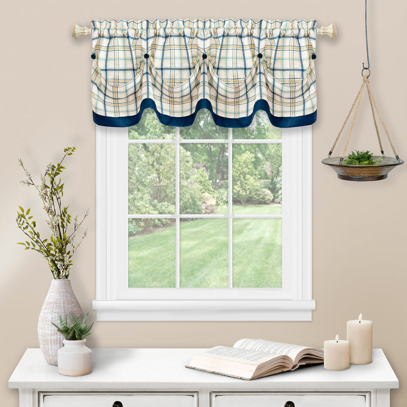 Tattersall Tuck Valance with Buttons - 58x14 - Navy