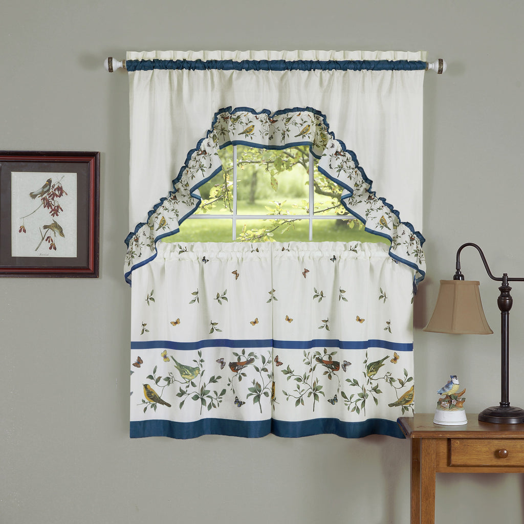 Love Birds - Printed Tier and Swag Window Curtain Set - 57x24 - Blue