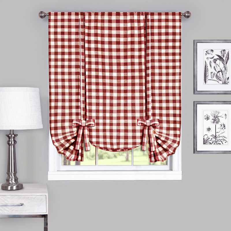 Buffalo Check Window Curtain Tie Up Shade - 42x63 - Burgundy