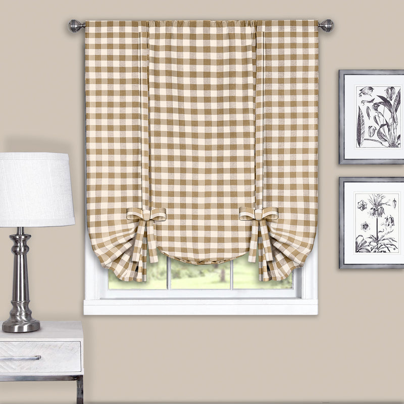 Buffalo Check Window Curtain Tie Up Shade - 42x63 - Taupe