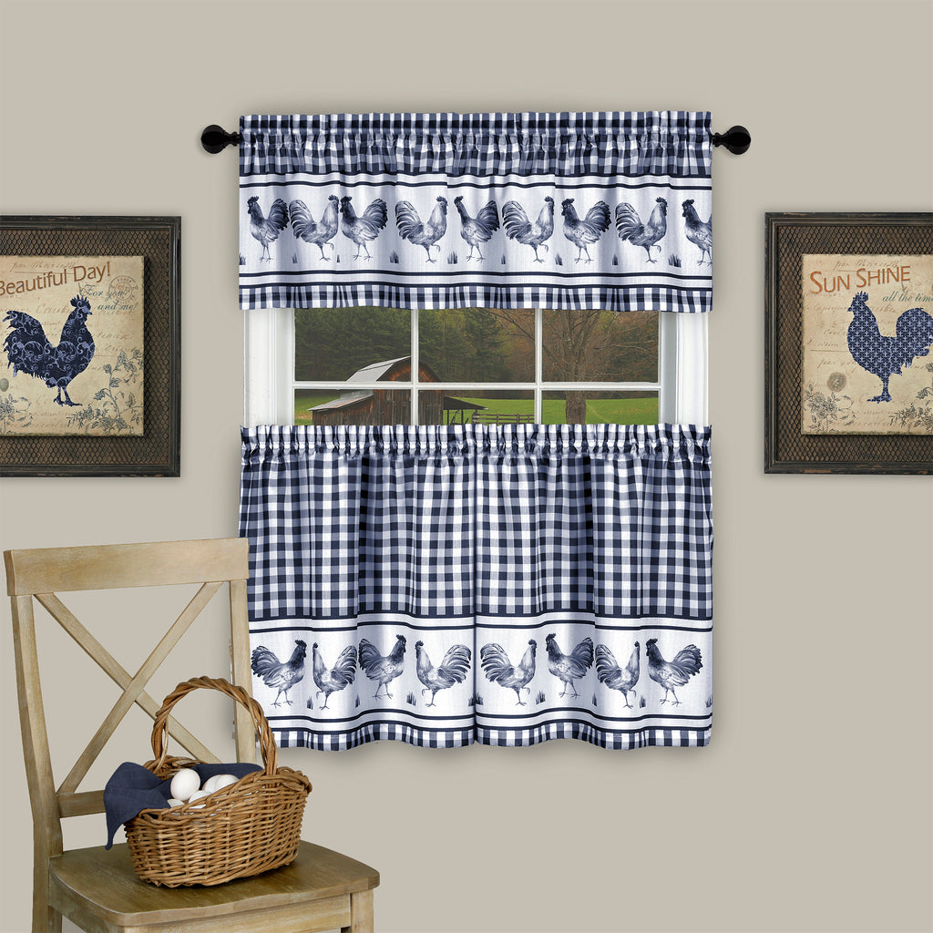 Barnyard Window Curtain Tier Pair and Valance Set - 58x36 - Navy