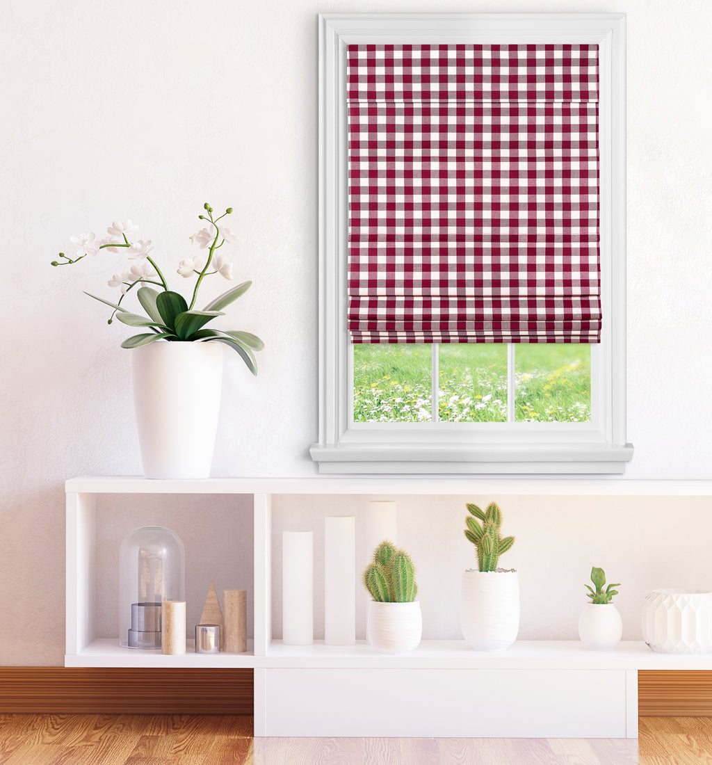 Cordless Buffalo Check Roman Window Shade - 27x64 - Burgundy