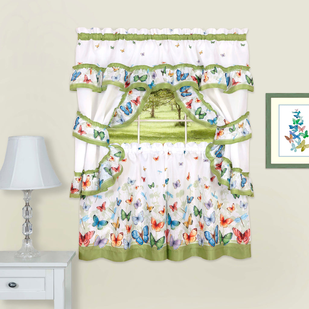 Butterflies Printed Cottage Window Curtain Set - 57x36 - Green