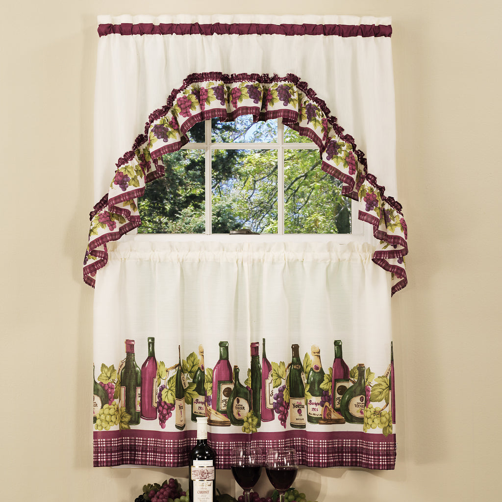 Chardonnay - Printed Tier and Swag Window Curtain Set - 57x36 - Burgundy