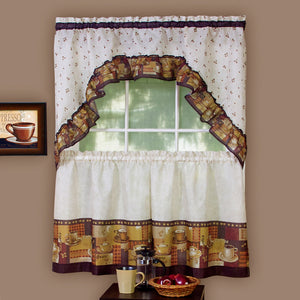 Coffee - Printed Tier and Swag Window Curtain Set - 57x24 - Multi