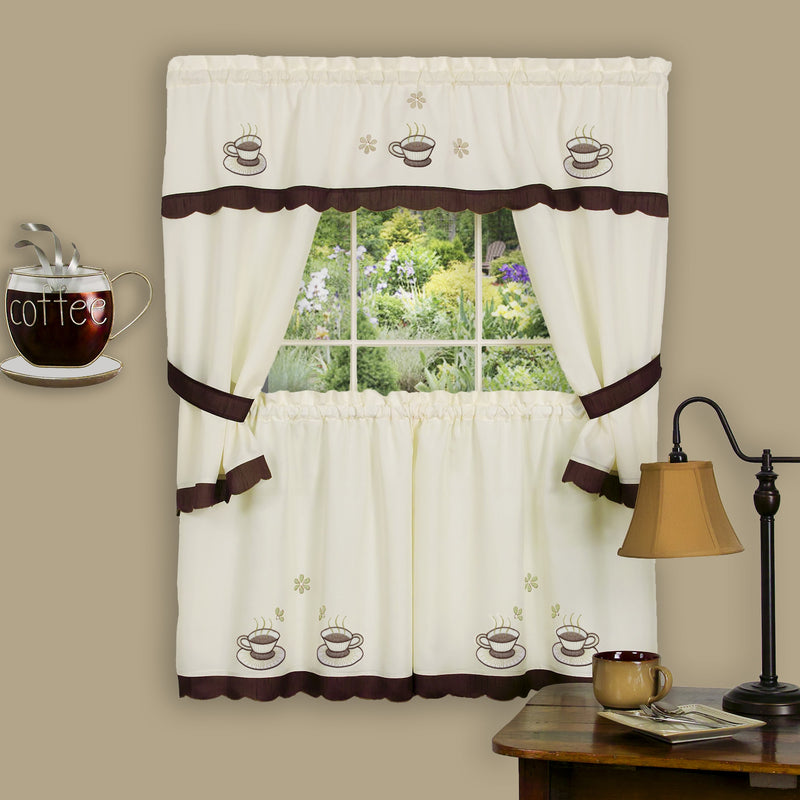 Cuppa Joe Embellished Cottage Window Curtain Set - 58x36