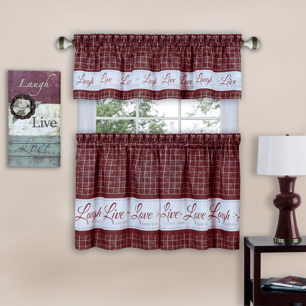 Live, Love, Laugh Window Curtain Tier Pair and Valance Set - 58x24 - Burgundy