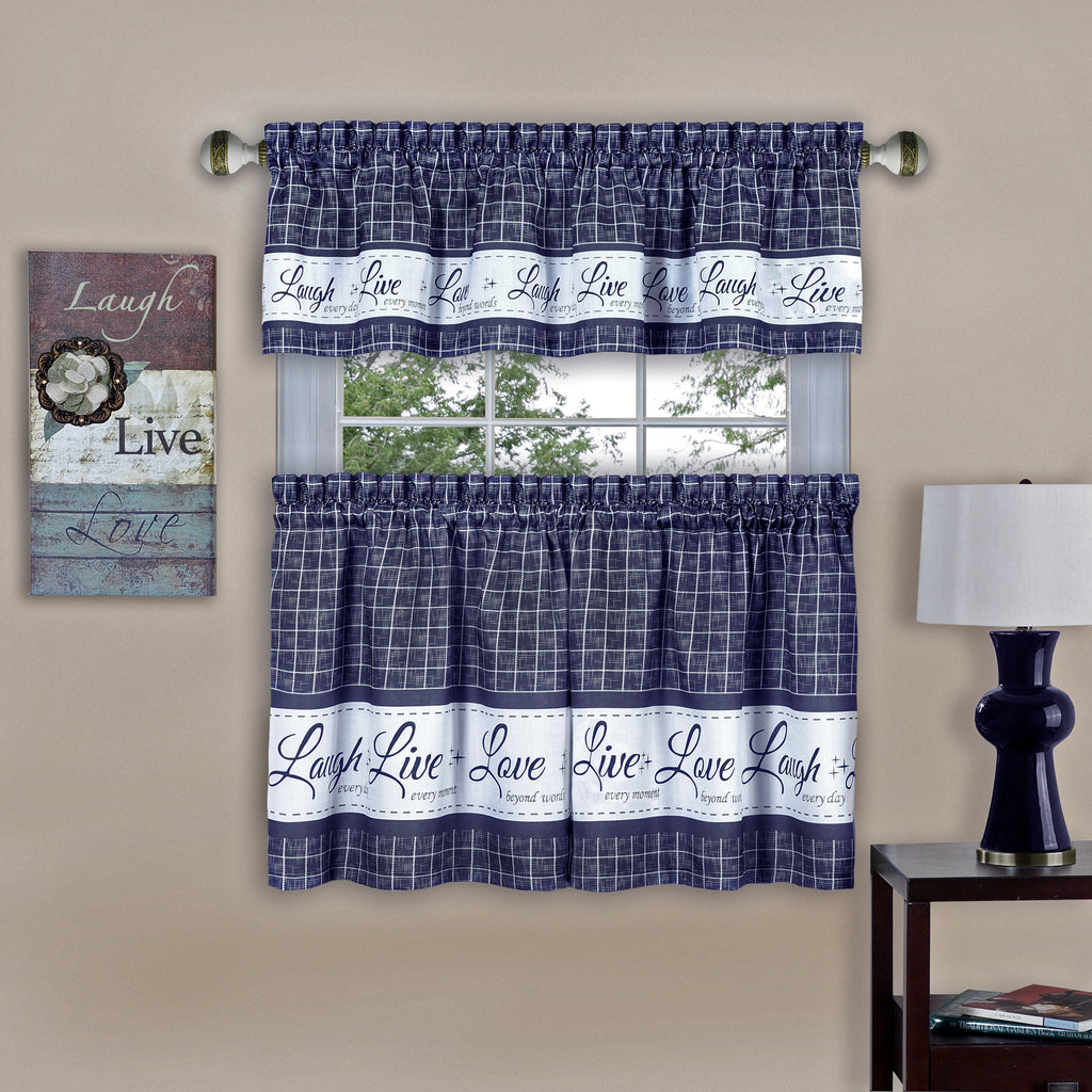 Live, Love, Laugh Window Curtain Tier Pair and Valance Set - 58x24 - Navy