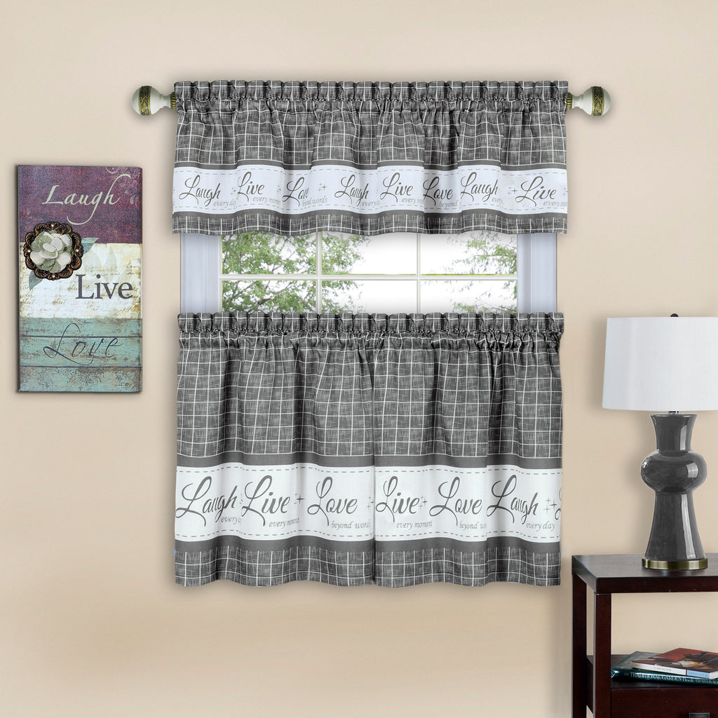 Live, Love, Laugh Window Curtain Tier Pair and Valance Set - 58x24 - Grey