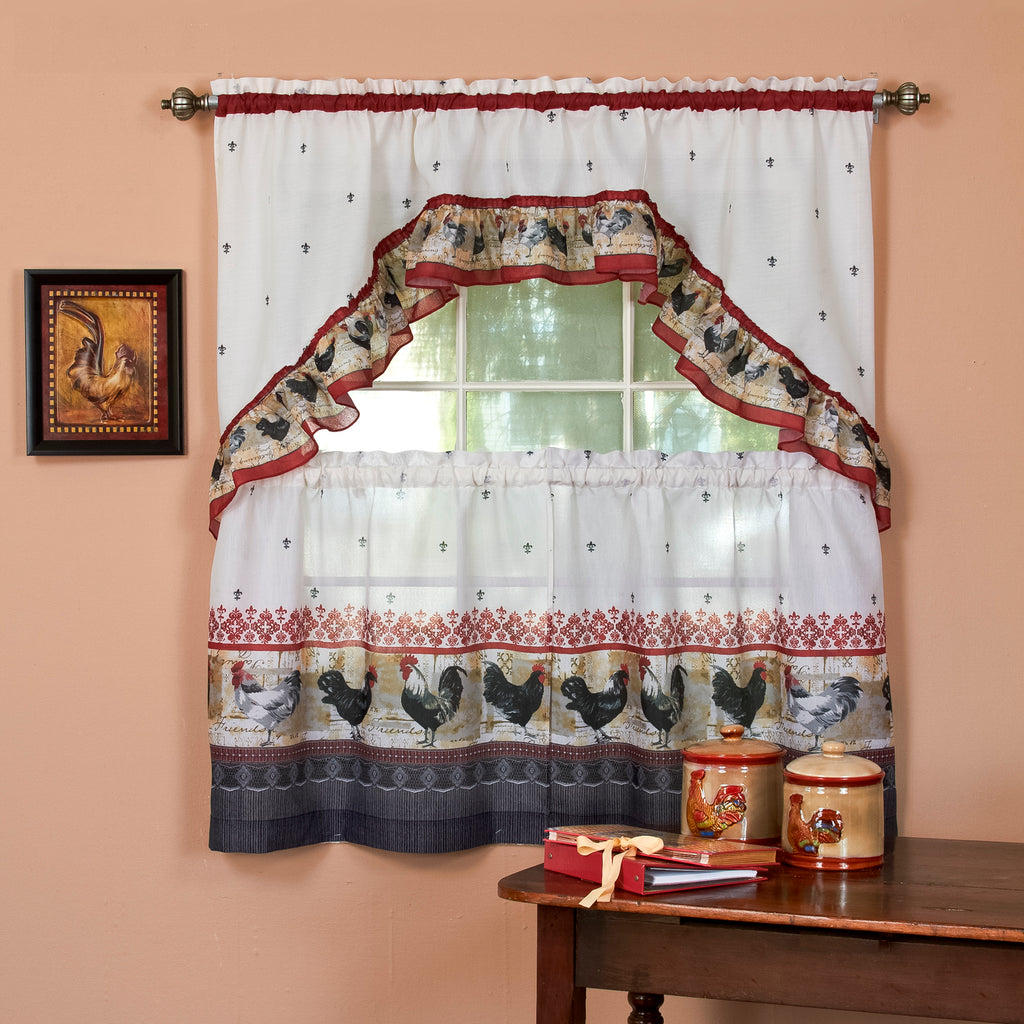 Rooster - Printed Tier and Swag Window Curtain Set - 57x24 - Burgundy