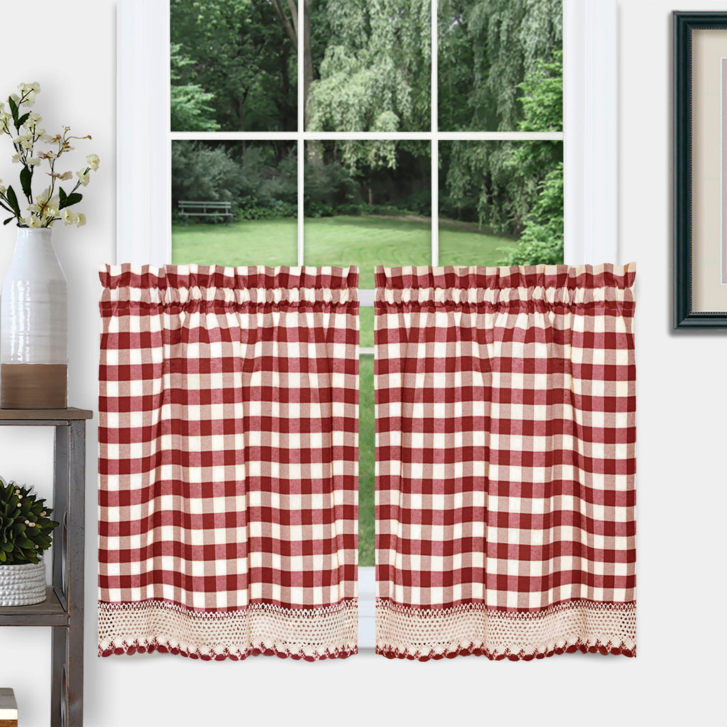 Buffalo Check Window Curtain Tier Pair - 58x24 - Burgundy