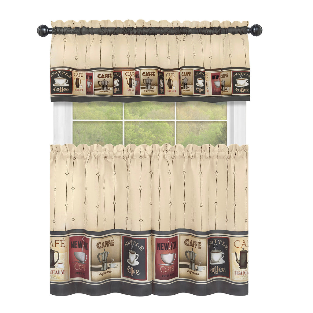 Cozy Café Printed Tier & Valance Set - 58x24 Inch Tan-Black