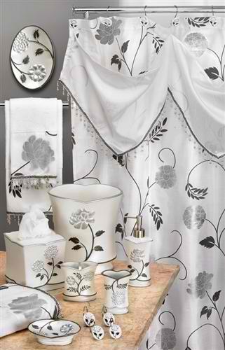 Avantie White Shower Curtain with Valance - 5PC Bath Accessory Set