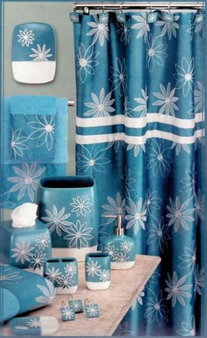 Daisy Stitch Shower Curtain Turquoise - 5PC Bath Accessory Set
