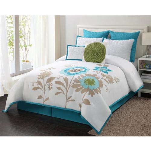 Blossom 8pc Comforter Set Blue White Beige Green - Full